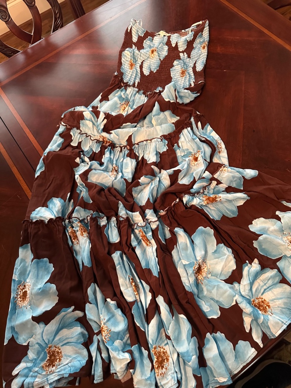Strapless Floral Maxi Dress in Brown and Light Blue